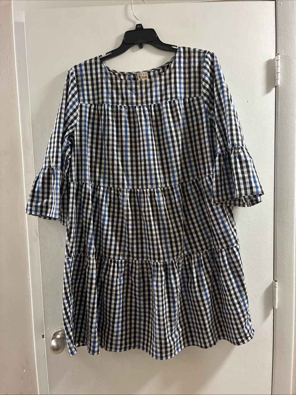 Como Vintage Blue and White Gingham Tiered Midi Bell Sleeve Dress